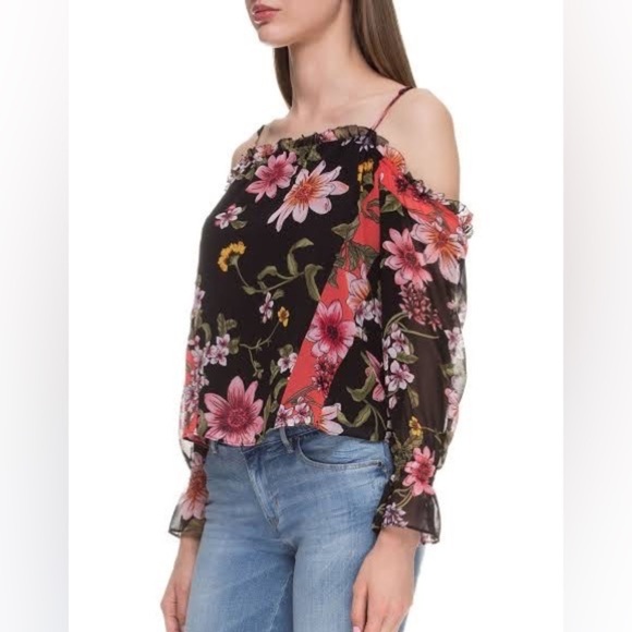 Guess Savina Floral Black coral chiffon  off shoulder blouse SP - Picture 1 of 16